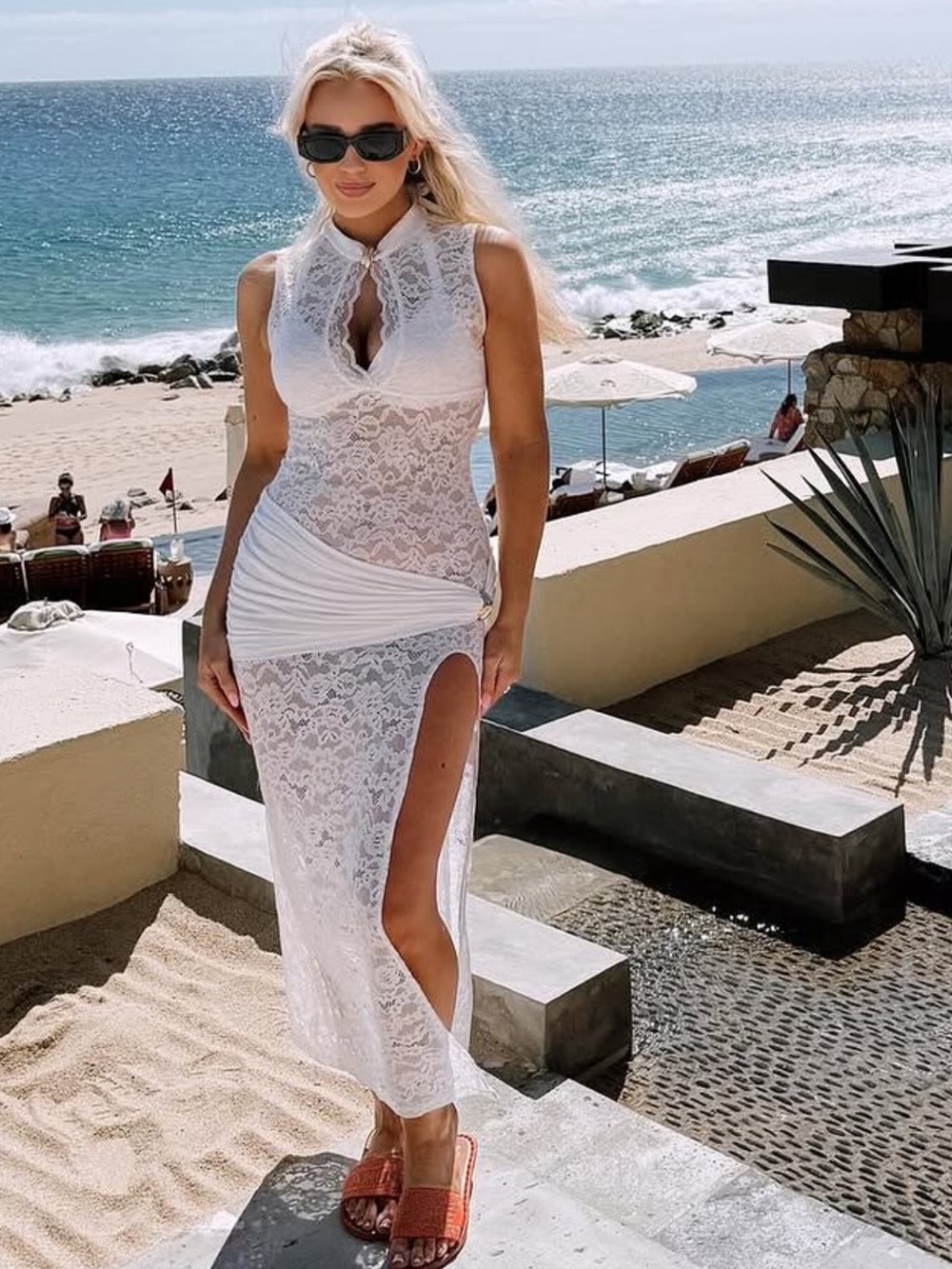 White Lace High-Slit Maxi Dress